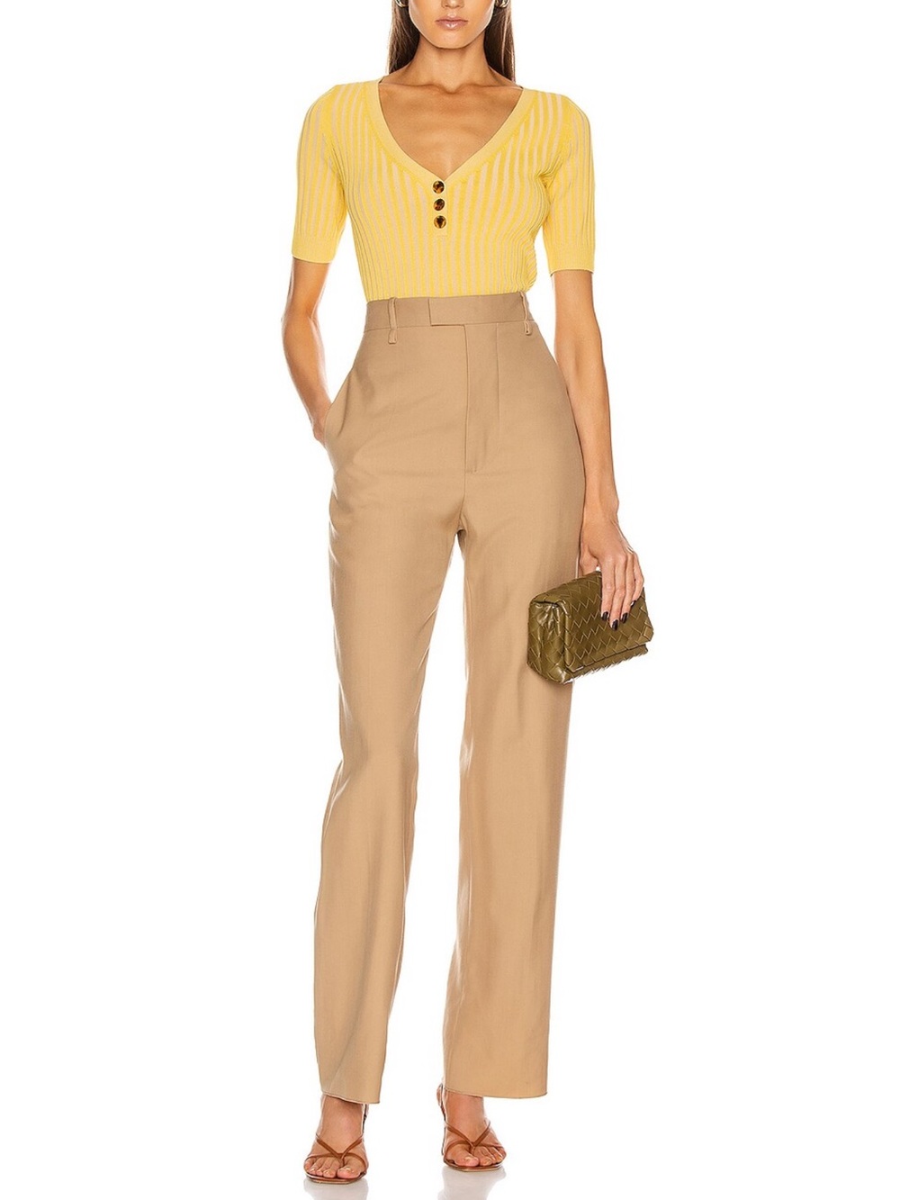 NICHOLAS Bright Yellow Ribbed V-Neck Short Sleeve Knit Top with Button Detail